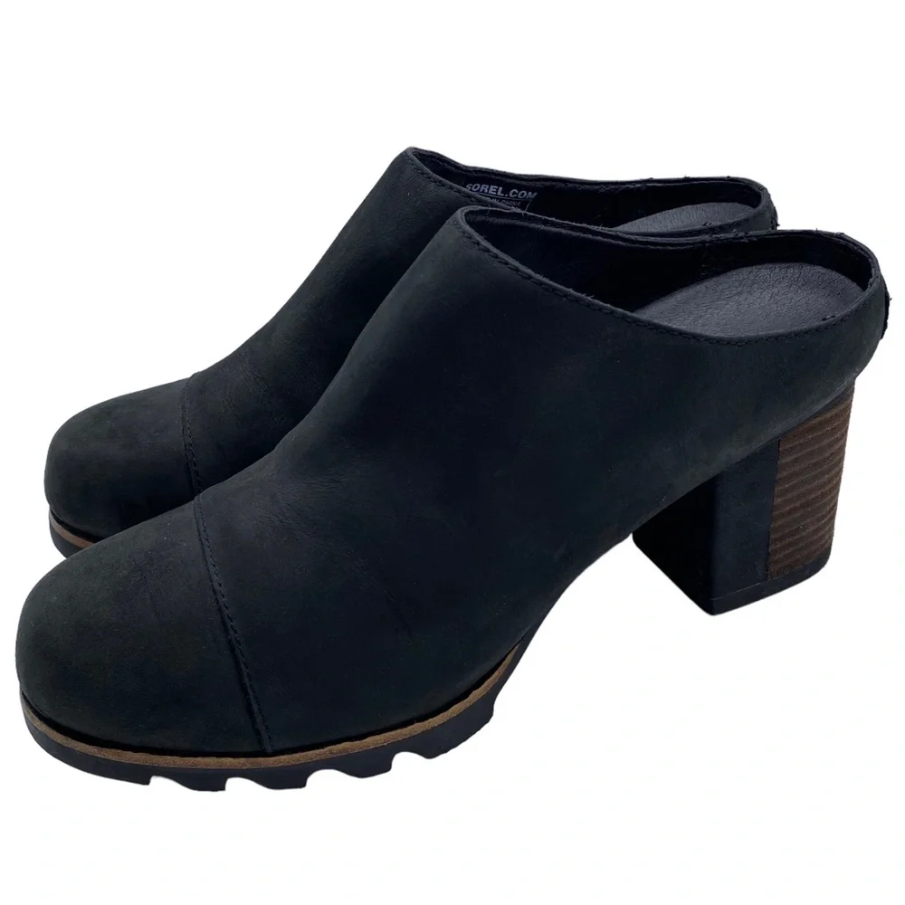 Sorel Addington Black Leather Stacked Heel Mule Bootie Size 8
